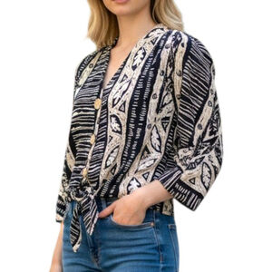 Sharon Anthony Vintage Tribal Print Crop Top - Tie Front 90s Boho M